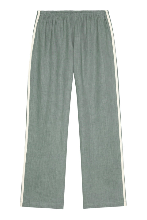 DONNI The Linen Crop Racer Stripe Pant Sage Green – side view showing wide leg silhouette and stripe detail