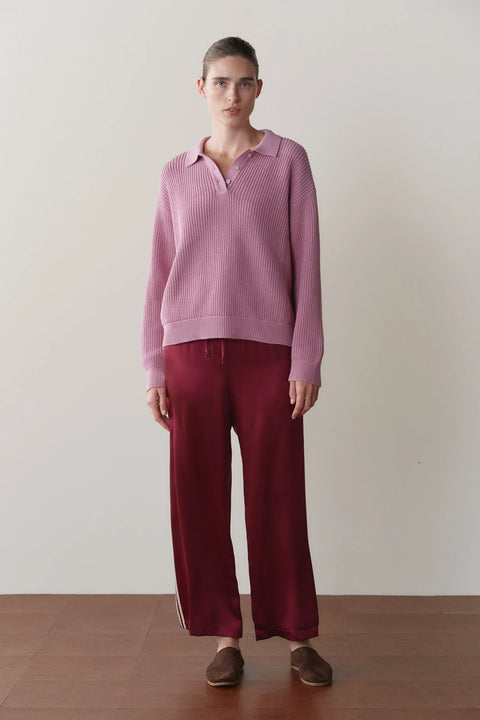 DONNI Silk Stripe Crop Pant Oxblood - Front View Showing Contrast Racer Stripe Detail and Elastic Drawstring Waist