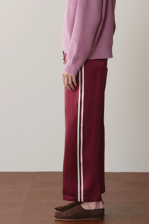 DONNI The Silk Stripe Crop Pant in Oxblood - Women's Cropped Silk Charmeuse Pant with Contrast Racer Stripe and Drawstring Waist