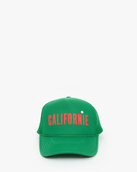 Clare V Trucker Hat in Green Californie – adjustable snapback trucker cap printed in Los Angeles, California-inspired design