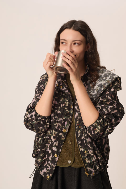 Des Petits Hauts Ylang Windbreaker in Camo - Close-Up of Camouflage Print and Lightweight Fabric Detail