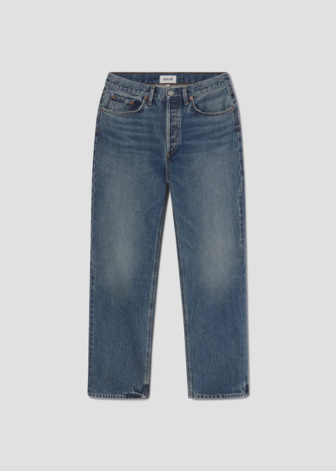 AGOLDE Lana relaxed straight leg jean in Liberty, a medium tinted indigo wash crafted from non-stretch regenerative cotton denim.