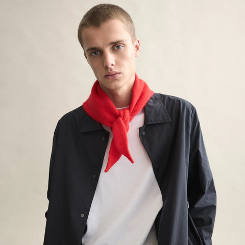 Le Bonnet Bandana in Crimson — worn around the neck, lifestyle styling