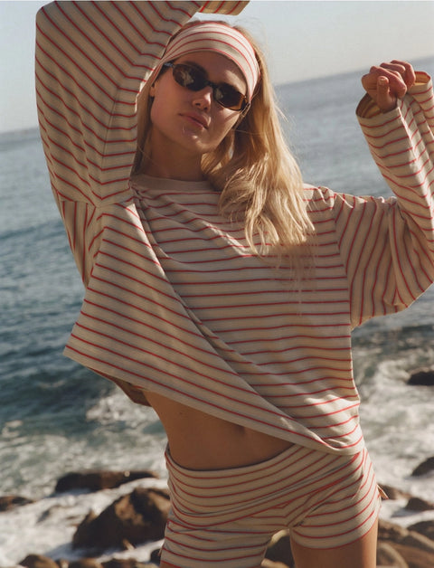 Apres June Striped Long Sleeve Tee cream blue raspberry back view – relaxed crewneck oversized summer tee