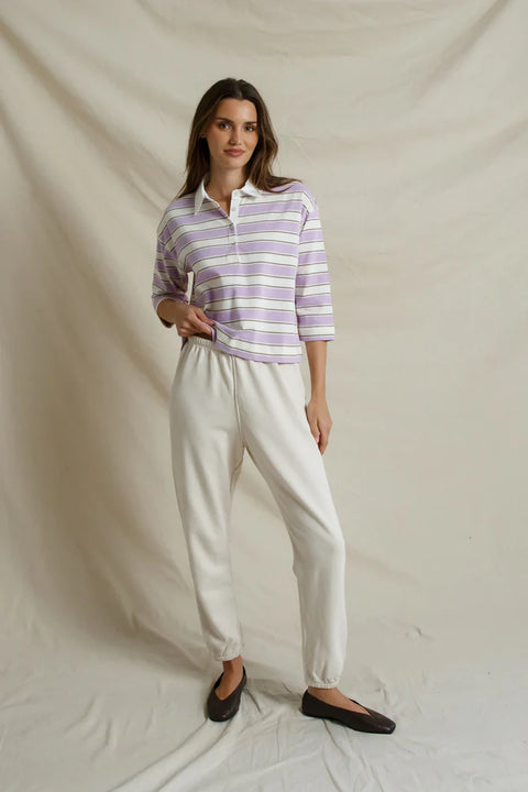 Perfect White Tee Daria Rugby Shirt in Ultraviolet Stripe - Women's Relaxed Cropped Cotton Rugby Top with Button Placket and 3/4 Sleeves