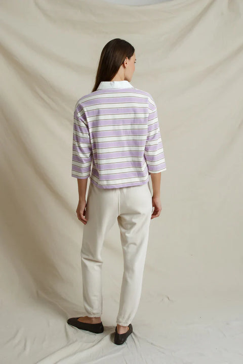 Perfect White Tee Daria Rugby Ultraviolet Stripe - Styled Shot Tucked into Trousers Showing Feminine Cropped Fit