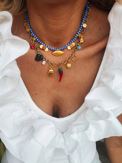 Goupi Necklace 05 | Blue Beaded Multi Charm Summer Necklace
