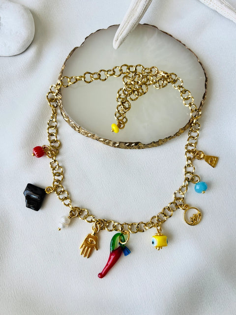 Goupi Necklace 06 | Gold Multi Charm Summer Necklace