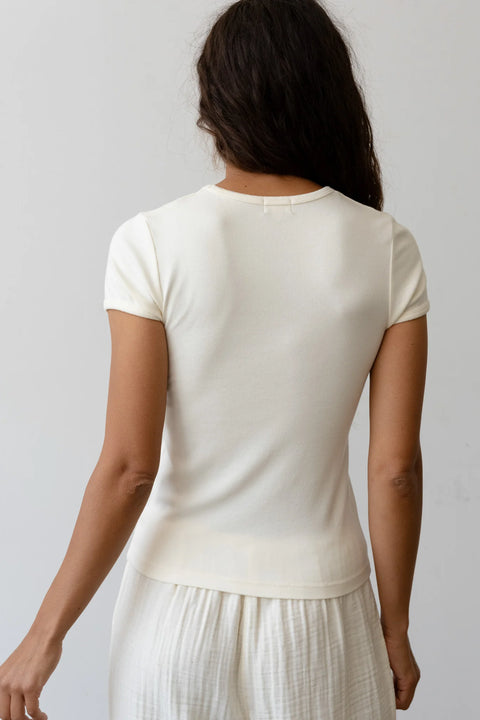 DONNI Baby Rib Baby Tee in white, a slim-fit crew neck top made from modal and cotton