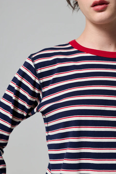 Asher Lucy Stripe LS Tee Navy Natural Red - Close-Up of Ribbed Crew Neckline and Wrist-Length Set-In Sleeve on Supima Cotton