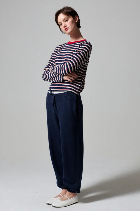 Asher Lucy Stripe LS Tee in Navy Natural Red - Women's Slim Fit 100% Supima Cotton Long Sleeve Stripe Tee with Ribbed Crew Neck and Set-In Sleeves, Made in Los Angeles