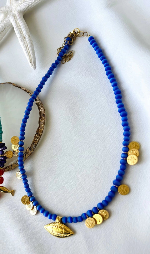 Goupi Necklace 05 | Blue Beaded Multi Charm Summer Necklace