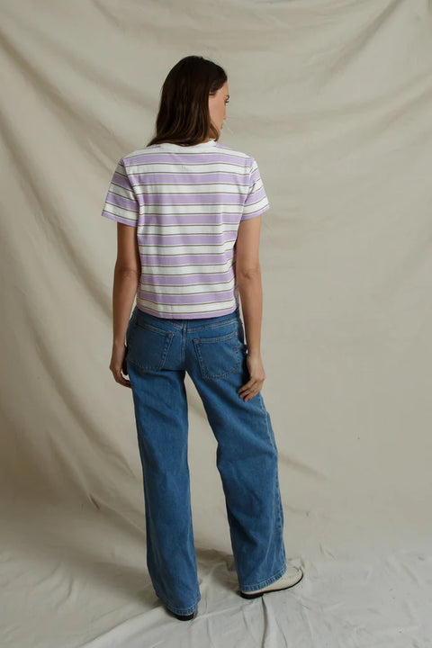 Perfect White Tee Gia Ultraviolet Stripe - Styled Shot Showing Relaxed Cropped Fit of Women's Short Sleeve Rugby Tee