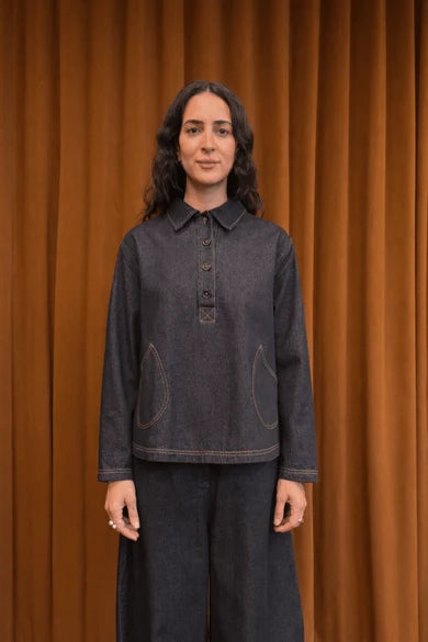 Et Tigre Louie Henley in Indigo Denim - Women's Long Sleeve 100% Cotton Denim Henley with Two Front Pockets and Side Slits