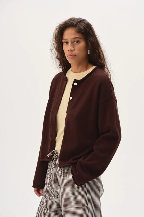 DONNI DONNI The Cotton Knit Roll Cardigan in Espresso: relaxed, organic, breathable, soft