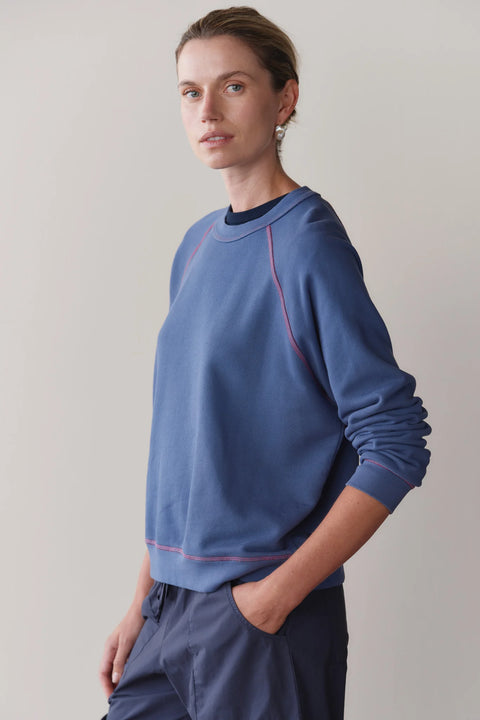 DONNI The Eco Terry Contrast Stitch Sweatshirt in Lapis with Raspberry – 100% organic cotton crew neck sweatshirt with contrast stitching, made in Los Angeles