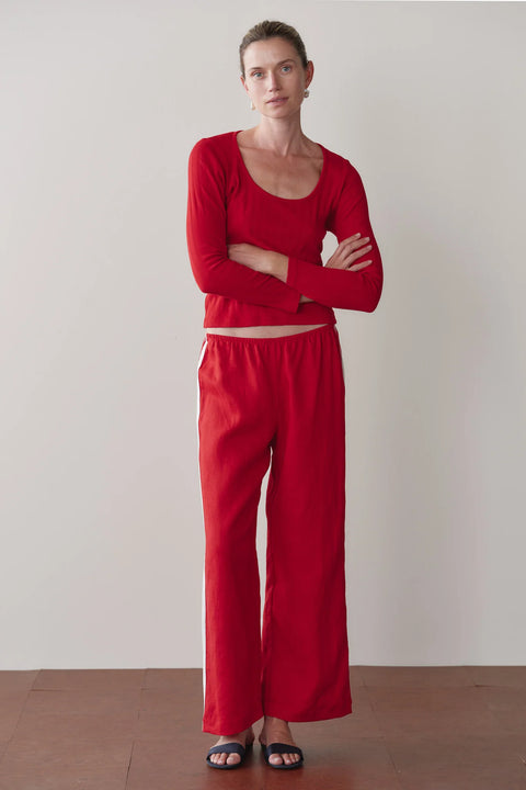 DONNI The Linen Crop Racer Stripe Pant | Bell Pepper Red