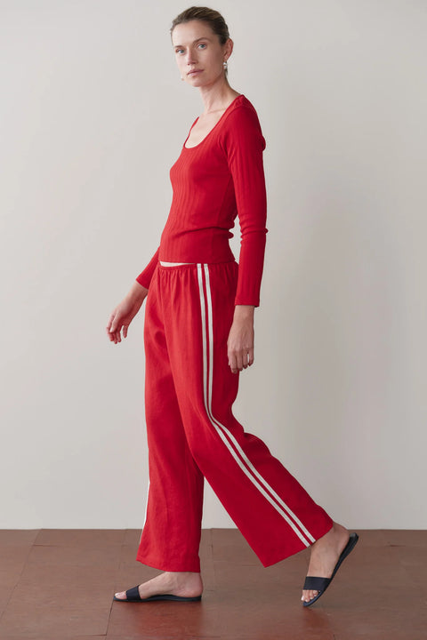 DONNI The Linen Crop Racer Stripe Pant | Bell Pepper Red