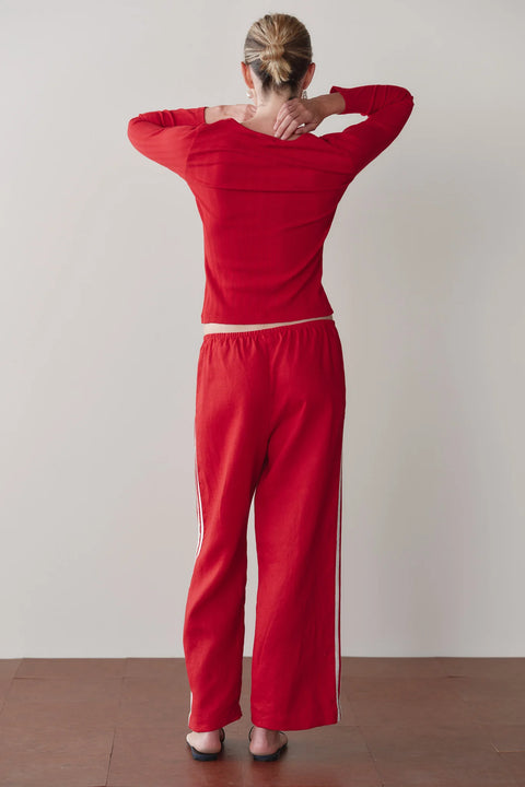 DONNI The Linen Crop Racer Stripe Pant | Bell Pepper Red