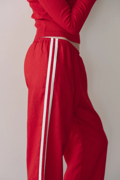 DONNI The Linen Crop Racer Stripe Pant | Bell Pepper Red