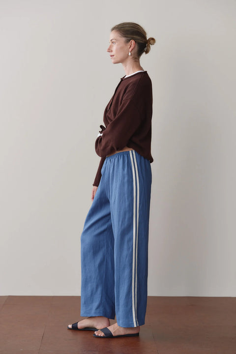 DONNI The Linen Crop Racer Stripe Pant in Lapis Blue - Women's 100% Linen Wide Leg Cropped Pants with Elasticated Waist