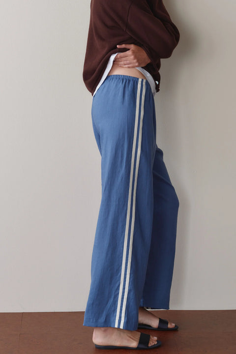 DONNI The Linen Crop Pant in Lapis Blue - Styled Shot of Women's Wide Leg Summer to Autumn Trousers