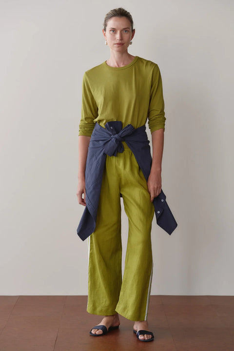 DONNI The Linen Crop Racer Stripe Pant | Pistachio Green