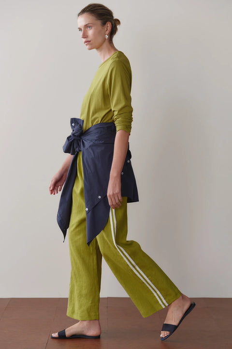 DONNI The Linen Crop Racer Stripe Pant | Pistachio Green