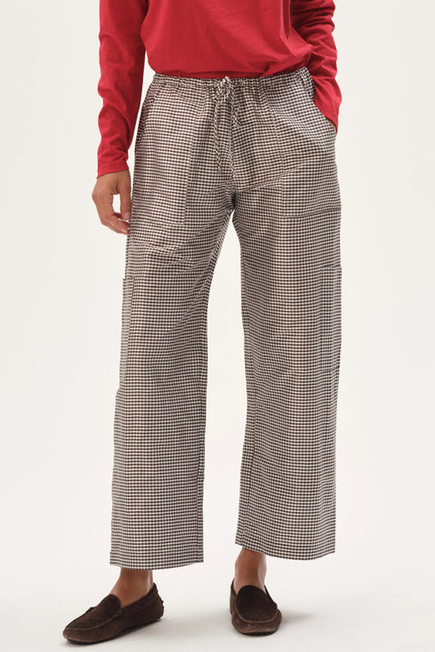 DONNI DONNI The Taffeta Gingham Cargo Pant in Espresso Gingham: cropped, everyday, silk, taffeta