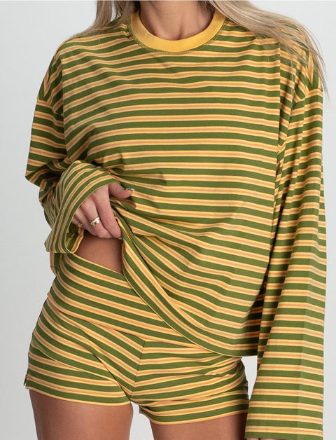Apres June melon long sleeve tee worn as an oversized layering piece – relaxed fit crewneck stripe top