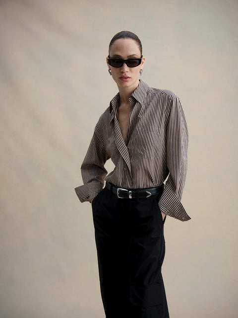 AGOLDE Aris Shirt | Trace Stripe Chocolate with Taupe