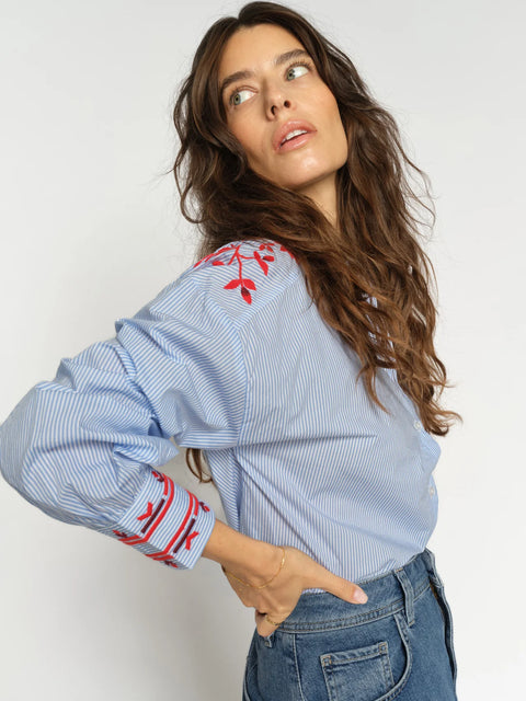 Mos Mosh Mos Mosh Osmo Stripey Shirt in Brunnera Blue: relaxed, tailored, everyday, cotton, chic