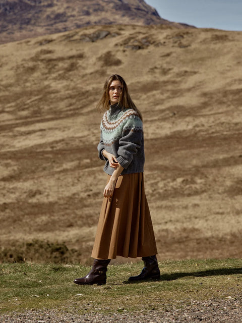 Mos Mosh Daya Highneck Sweater Thunderstorm styled with tailored trousers