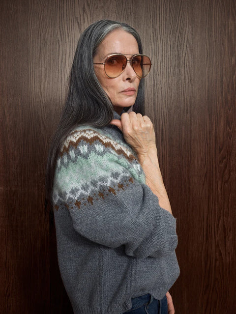Mos Mosh Daya Knit — close-up of intricate jacquard pattern and high neckline