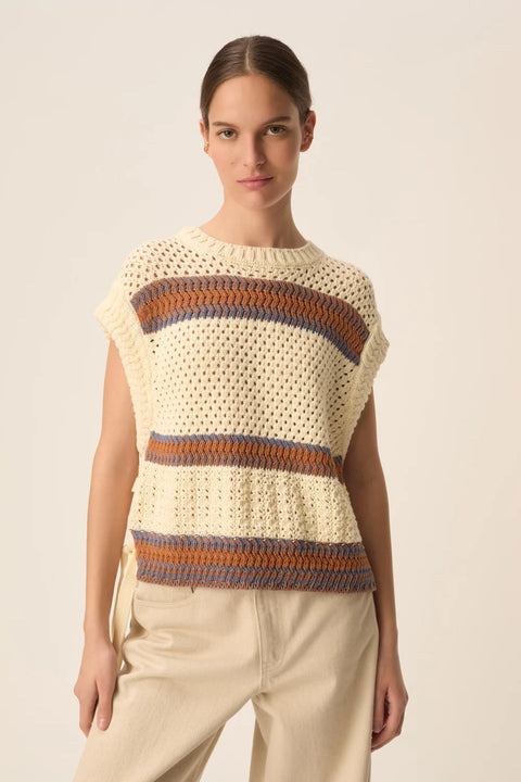Des Petits Hauts Des Petits Hauts Baba Sleeveless Sweater in Creme with Choco: relaxed, summer, vacation, organic