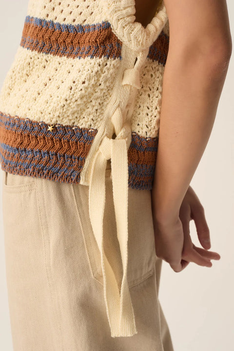 Des Petits Hauts Des Petits Hauts Baba Sleeveless Sweater in Creme with Choco: relaxed, summer, vacation, organic