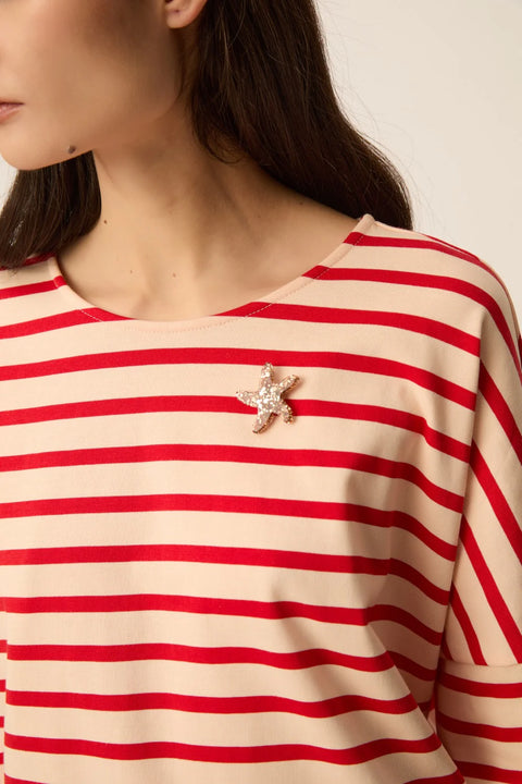 Des Petits Hauts Des Petits Hauts Filly Striped Long Sleeve Tee in Peach with Homard: oversized, soft, cotton, essential