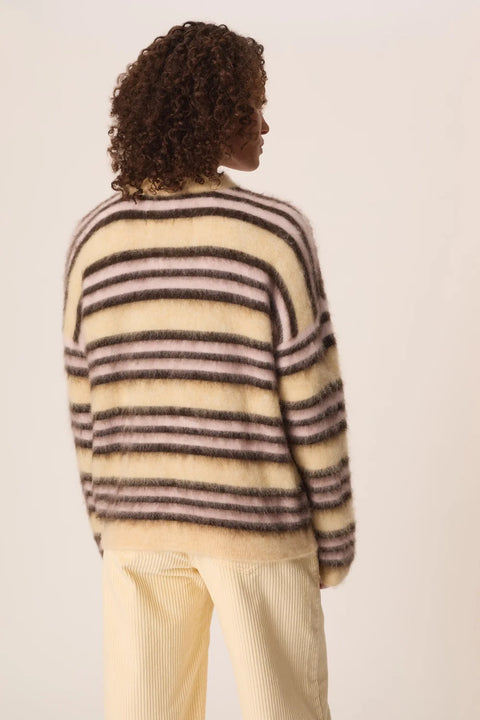Des Petits Hauts Conrad Vanille Ourson Knit - Full-Length On-Model Shot of Women's Italian-Made Oversized Alpaca Stripe Sweater