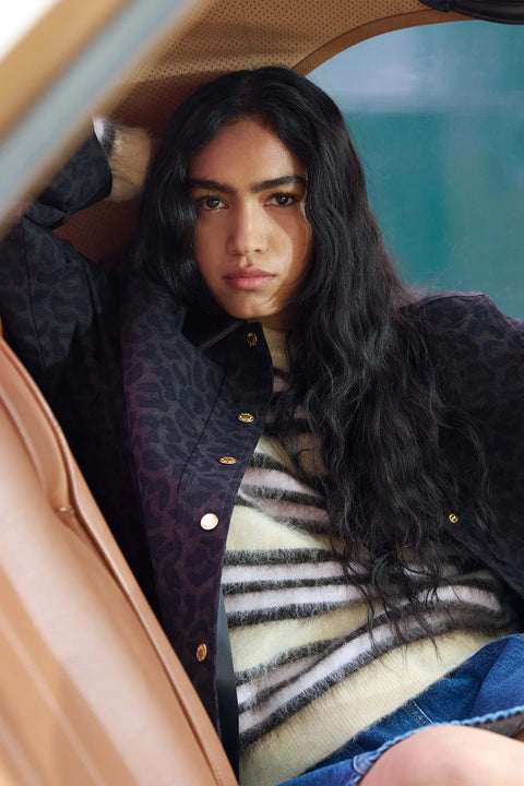 Des Petits Hauts Conrad Vanille Sweater - Three-Quarter View Showing Relaxed Oversized Fit of Women's Luxury Alpaca Striped Knit