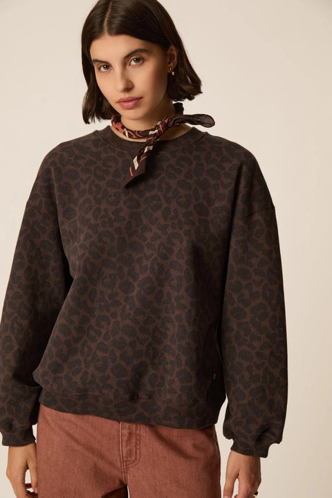 Des Petits Hauts Jacinthe Leopard Sweatshirt - Front View Showing Stylized Graphic Leopard Print and Relaxed Fit