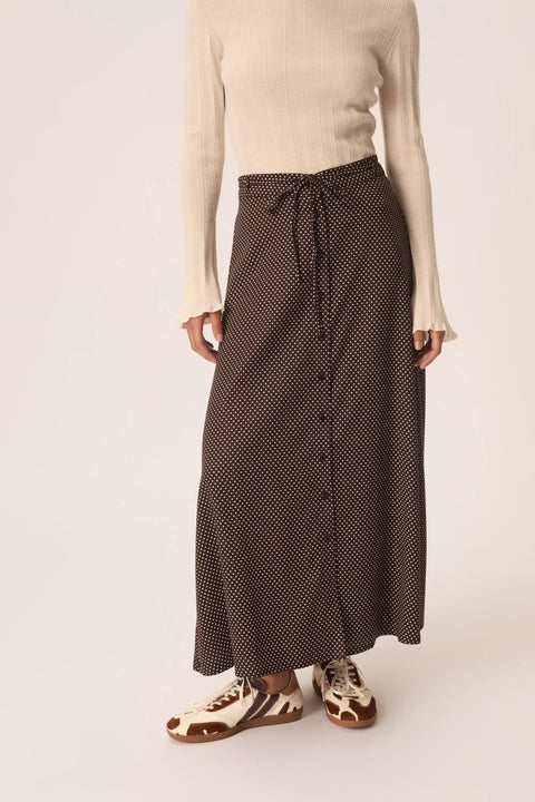 Des Petits Hauts Vanilla Polka Dot Midi Skirt - Close-Up of Pois Dot Print and Soft Lyocell Viscose Fabric