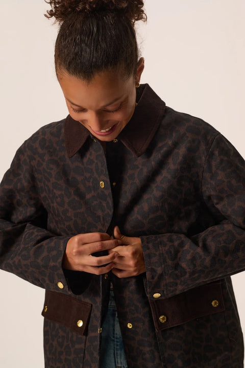 Des Petits Hauts Yolanda Leopard Coat - Front View Showing Faux-Solid Leopard Print, Corduroy Collar and Patch Pocket Detail