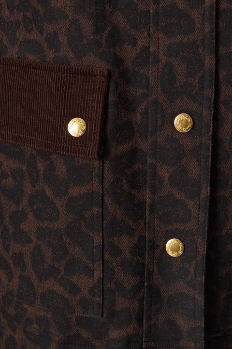 Des Petits Hauts Yolanda Coat in Leopard - Close-Up of Corduroy Collar and Patch Pocket on Faux-Solid Leopard Cotton