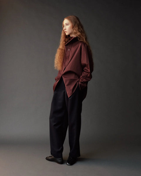 Mijeong Park Asymmetric Shirt Brown - Front View Showing Asymmetrical Button Placement and Funnel Neckline