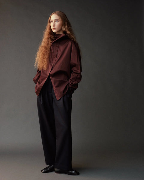 Mijeong Park Asymmetric Cotton Shirt - Side View Highlighting Oversized Drape in Brown Cotton