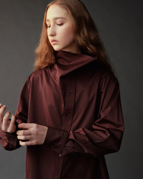 Mijeong Park Asymmetric Shirt in Brown - Back View of Women's Draped Cotton Statement Shirt