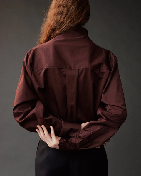 Mijeong Park Asymmetric Cotton Shirt Brown - Styled Shot Worn Loose and Baggy for a Relaxed Look