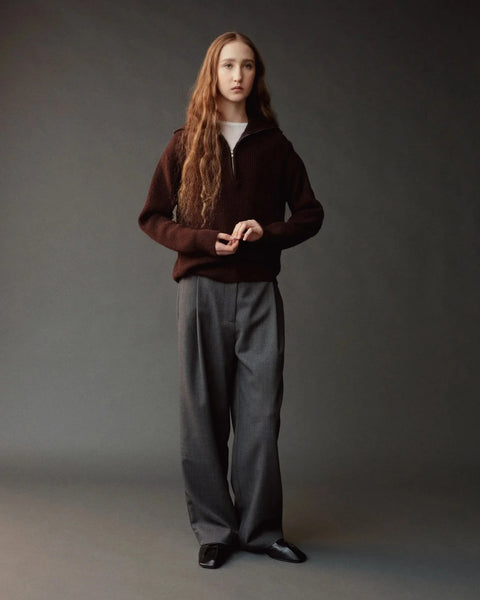 Mijeong Park Half Zip Sweater Brown - Front View Showing Half Zip Detail Worn as a Turtleneck