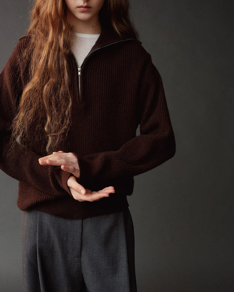 Mijeong Park Ribbed Half Zip Sweater - Side View Highlighting Oversized Silhouette in Chocolate Brown Wool