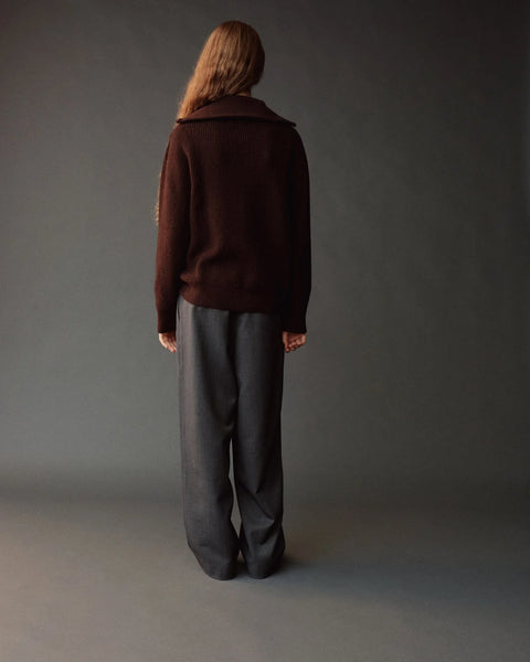 Mijeong Park Half Zip Sweater in Brown - Front View Showing Zip Unzipped for a Spread Collar Look